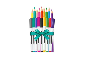 A set of markers and pencils tied together with a teal ribbon on a white background