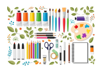Art supplies arranged with tubes of paint brushes pencils a palette  foliage against a white backdrop
