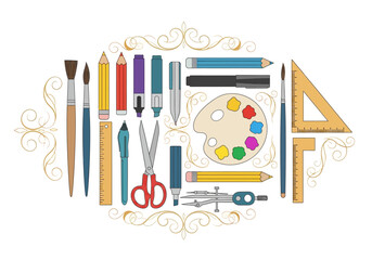 Obraz premium Art supplies brushes pencils palette scissors ruler compass The word ART is formed with triangle ruler