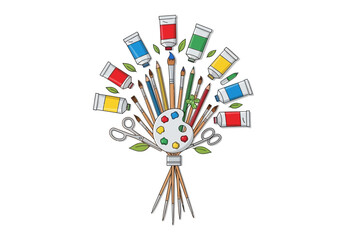 Art supplies paint tubes brushes palette and scissors form a bouquet