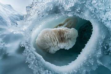 A mushroom surviving in a frozen tundra, peeking through the ice