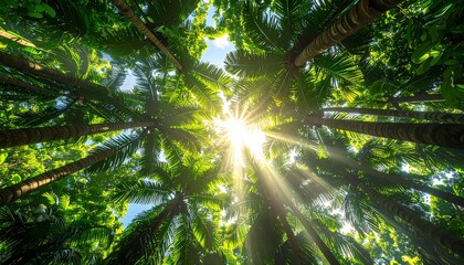 Sunlight streams through the canopy of tall palm trees, creating a bright, vibrant scene.