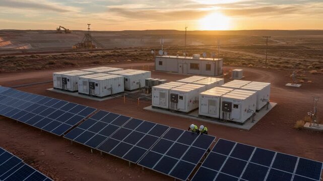 Technicians inspecting solar panels and battery storage units at a remote mine microgrid enhancing autonomous energy management and reducing reliance on external grids.