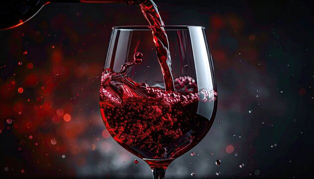 Red Wine Poured Into A Clear Glass With Splashes And Bubbles Against A Dark Textured Background With Bokeh Lights - Powered by Adobe