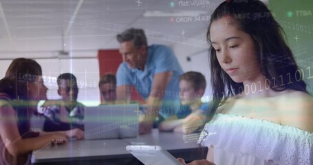 Teenage girl tapping tablet in class, initiating code overlay animating charts for education - Powered by Adobe