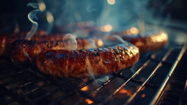 Cinematic Close-Up of Sausages Smoking on a Barbecue Grill, Showcasing Juicy Texture, Rising Smoke, Glowing Embers, and Rich, Savory Flavor in a Mouthwatering Outdoor Cooking Scene