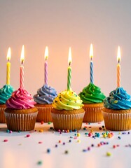 Six cupcakes with frosting, candles, and colorful sprinkles