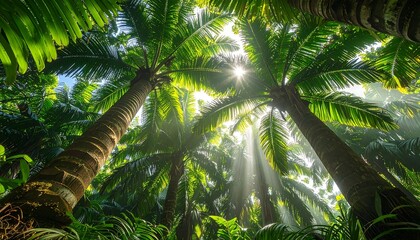 Low angle view of tall palm trees with sunlight streaming through the green leaves in a tropical forest.