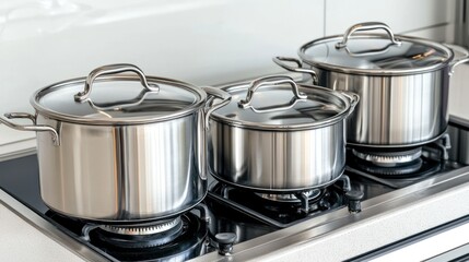 gleaming stainless steel cookware arranged elegantly on a sleek induction cooktop, ready for creating culinary delights in a modern kitchen space