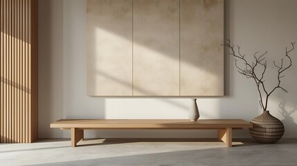 Japandi style lounge, low wooden bench, beige textured wall art, single ceramic vase, soft ambient light, horizontal shot.