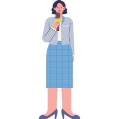 Vector Illustration Of A Woman Holding A Microphone And Wearing A Light Blue Blazer And A Blue Plaid Skirt Ready To Report News