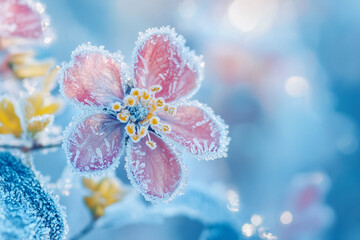 Bright blue ice crystals glistening beside delicate pink and yellow frost flowers