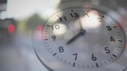 Scene starting, ghosted analog clock centered, minute and hour hands rotating, showing elapsed time