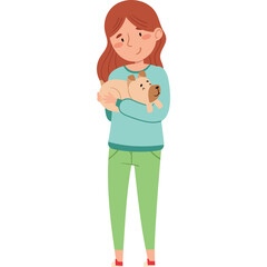 Young Woman Gently Holding A Small Tan Dog With Both Hands Wearing A Teal Long Sleeve Shirt And Light Green Pants Isolated On A White Background
