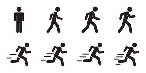 human motion icons — person standing, walking, and running in flat vector style.