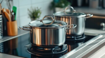 inviting kitchen still life showcases stainless steel pots and pans, implying culinary creativity and the promise of a tasty home cooked meal