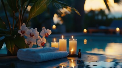 evening poolside serenity featuring soft towels, luminous candles, exotic orchids, and a tranquil twilight ambiance creating a relaxing scene