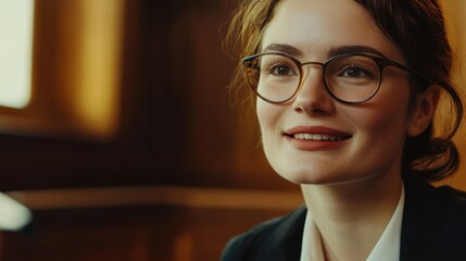 a young professional woman with glasses exudes confidence and intelligence in a softly lit interior setting, showing positive outlook