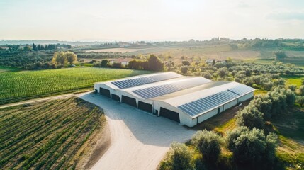 sustainable synergy: an aerial vista of a solar-powered agricultural hub nestled within the verdant landscapes of rural farmland region