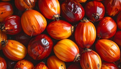 Close-up of a collection of vibrant, orange and red palm fruits, showcasing their smooth texture and natural patterns.