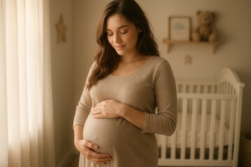 Expectant mother cradling baby bump with gentle expression in softly lit nursery setting