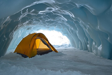 bright tent near an ice cave, the shimmering northern sky above