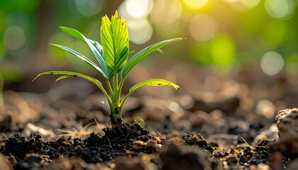 Close-up of a young plant sprouting from rich, dark soil, bathed in sunlight.