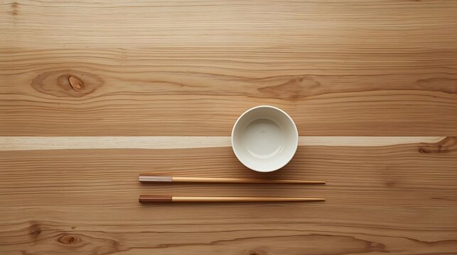 Overhead shot of a minimalist wooden dining table, a single empty bowl, a pair of chopsticks, Japandi aesthetic.