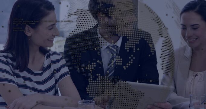 Man shifting tablet and pointing with pen, team leaning in reviewing global business data overlay - Powered by Adobe