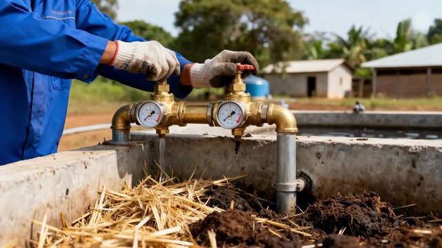 Community biogas plant worker adjusts valves facilitating energy production from local agricultural residue in smallscale decentralized setup.