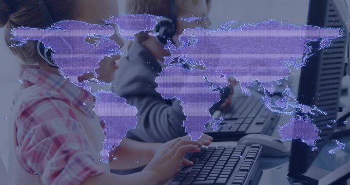 Left child typing and speaking into headset as class task starts, map hologram pulsing over screens