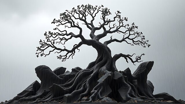 A shattered tree of life sculpture with digital binary rain, symbolizing evolution and technology.