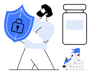 Man securing data with lock shield, large medicine bottle, and team collaboration concept climbing blocks with flag. Ideal for cybersecurity, teamwork, health, leadership, safety, protection