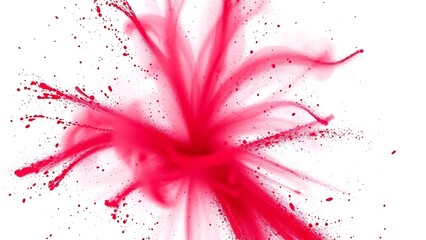 Vibrant red Holi powder explosion captured dynamically against a white background.