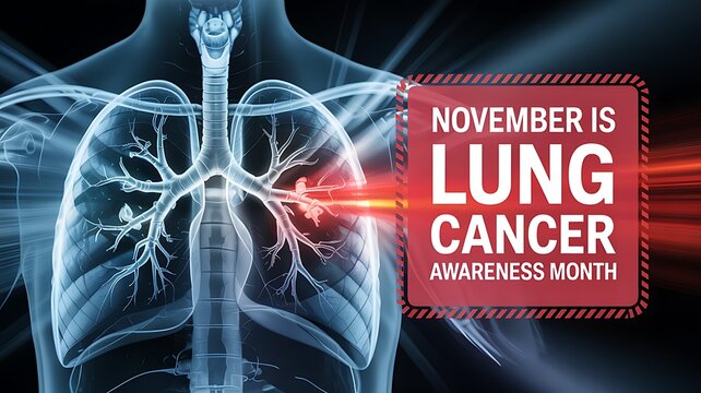 November is lung cancer awareness month graphic with a glowing anatomical illustration of human lungs and bronchi