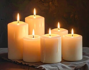 Six lit ivory candles in a warm, soft-lit, intimate setting