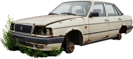 Abandoned cream sedan car with missing wheels and rust overgrown with green plants abandoned car rusty car vintage car scrap car vehicle old car