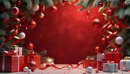 Obraz premium Festive Christmas background with fir tree branches, red and white ornaments, ribbons, and many gift boxes on a vibrant red backdrop