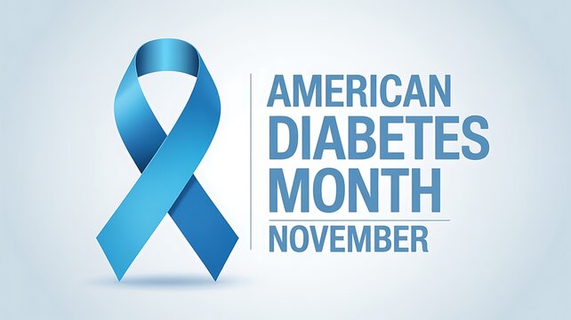Blue ribbon symbolizing awareness for american diabetes month in november with text
