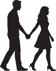  Silhouette of a loving couple, man and woman, walking hand in hand, symbolizing romance, journey, partnership, and togetherness.