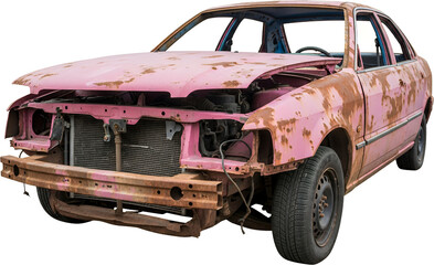 A rusted pink sedan with missing hood and exposed engine components sits on a plain background abandoned car automobile rusty vintage vehicle
