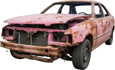 A rusted pink sedan with missing hood and exposed engine components sits on a plain background abandoned car automobile rusty vintage vehicle