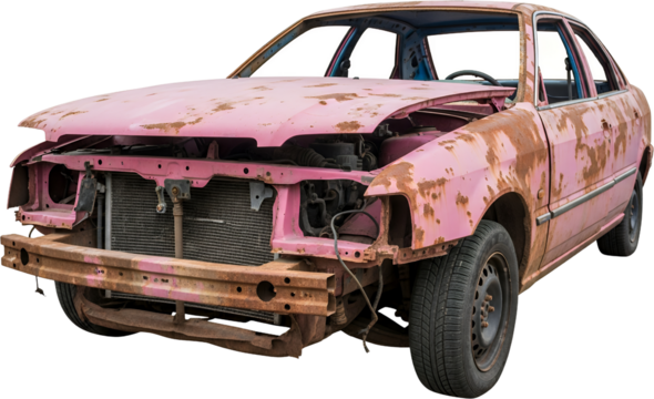 A rusted pink sedan with missing hood and exposed engine components sits on a plain background abandoned car automobile rusty vintage vehicle