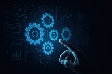 Obraz premium Hand reaching toward luminous digital gears holographic interface floating in dark space
