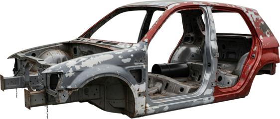 Rusted Car Body Shell With Peeling Paint And Exposed Interior Showing Metal Frame And Interior Components On A Transparent Background Automotive Scrap