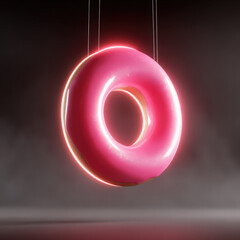 glowing neon pink donut levitating in the air