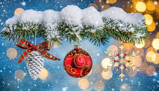 Festive christmas tree branch adorned with snow a red bauble pine cone ornament and sparkling bokeh lights creating a magical holiday atmosphere