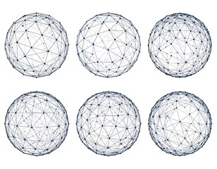 Six spheres constructed from points and lines, arranged in two rows