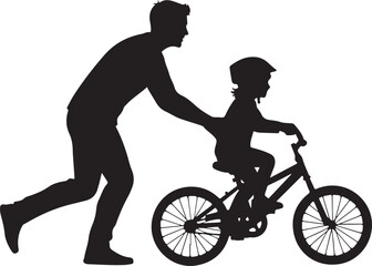 Fototapeta premium Father and child learning to ride a bicycle silhouette, parent teaching kid to bike, symbol of support, growth, and family bonding