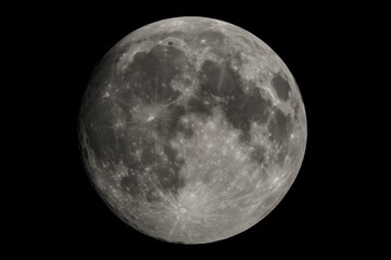 Fototapeta premium High detail full moon isolated on deep black background with visible craters and rays